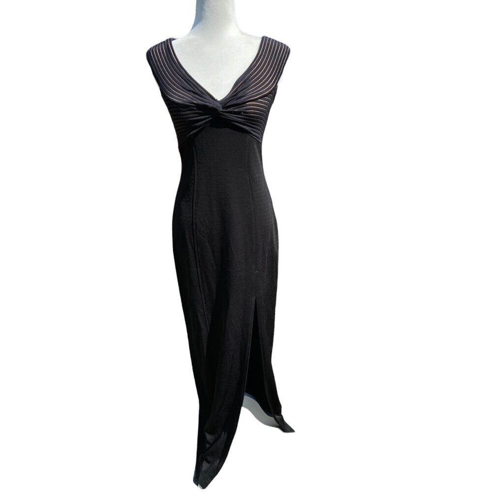 Vintage Tadashi Shoji Black Nude‎ Knotted Slit Sheath Dress Size Medium